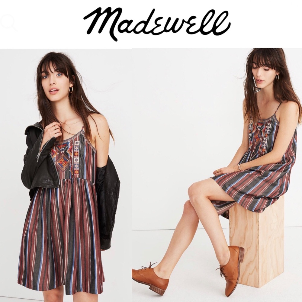 Madewell Embroidered Babydoll Cami Dress in Stripe - Picture 1 of 8